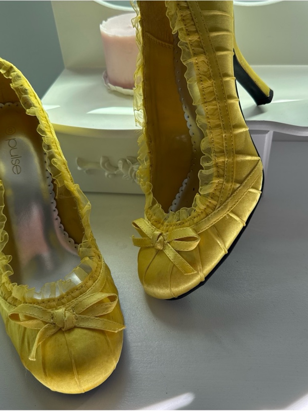 Pulse Yellow Satin Ruffle Bow Heels